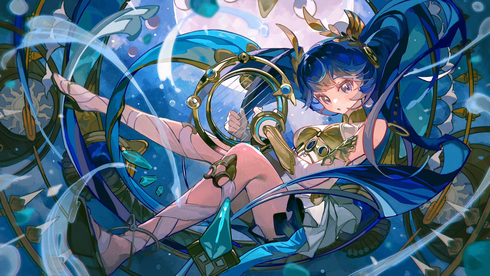 nemo (ani1995), iuno (wuthering waves), wuthering waves, commentary, highres, symbol-only commentary, 1girl, ancient greek clothes, armlet, bare shoulders, black skirt, blue eyes, blue hair, breasts, gladiator sandals, gold bra, greco-roman clothes, hair belt, head wreath, instrument, jewelry, leg wrap, long hair, looking at viewer, medium breasts, parted lips, sandals, skirt, solo, thighs, twintails, very long hair