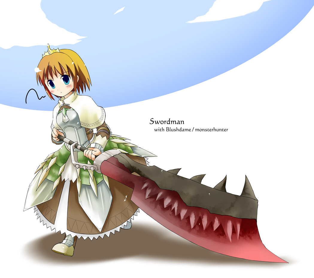 emurin, swordsman (ragnarok online), capcom, monster hunter (series), ragnarok online, 1girl, armor, armored dress, blue eyes, blush, brown hair, character name, crossover, crown, dress, greatsword, hat, holding, holding sword, holding weapon, huge weapon, parody, short hair, solo, sword, swordman, weapon