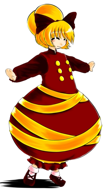 kurodani yamame, touhou, 1girl, blonde hair, blush, bow, buttons, dress, female focus, full body, hair bow, mary janes, ponytail, red dress, shoes, short hair, simple background, solo, standing, white background