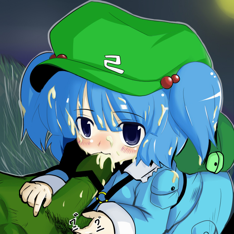 gosan (high&high), kawashiro nitori, touhou, bad id, bad pixiv id, bag, blue eyes, blue hair, censored, colored skin, cum, cum in mouth, cum on body, cum on clothes, cum on hair, ejaculation, facial, fellatio, green skin, hair bobbles, hair ornament, loli, oral, penis, short hair, solo focus