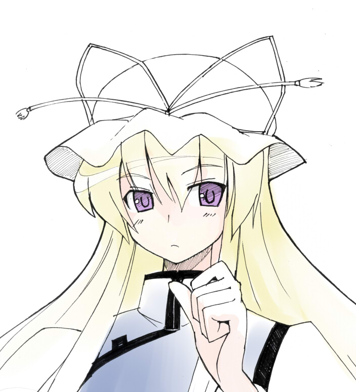 seo tatsuya, yakumo yukari, touhou, 1girl, blonde hair, blush, closed mouth, female focus, hat, hat ribbon, long hair, long sleeves, looking at viewer, mob cap, purple eyes, ribbon, solo, tabard, upper body