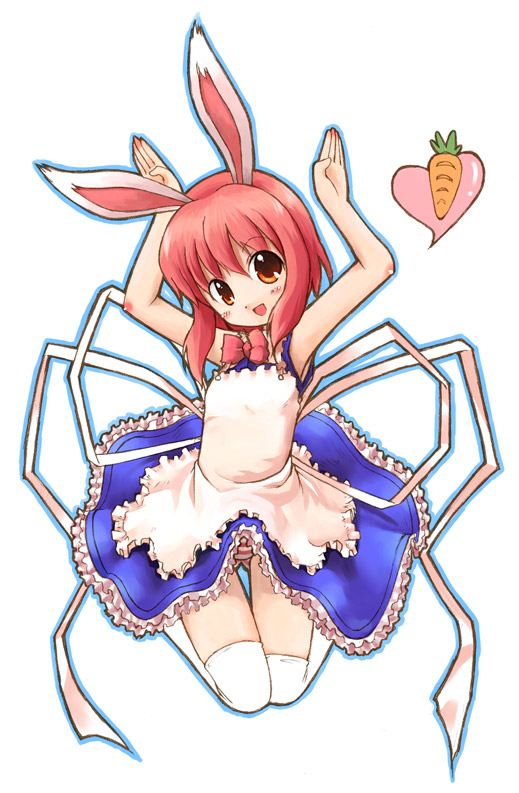 emurin, animal ears, carrot, dress, frills, orange eyes, panties, pantyshot, rabbit ears, red hair, short hair, solo, striped clothes, striped panties, thighhighs, underwear