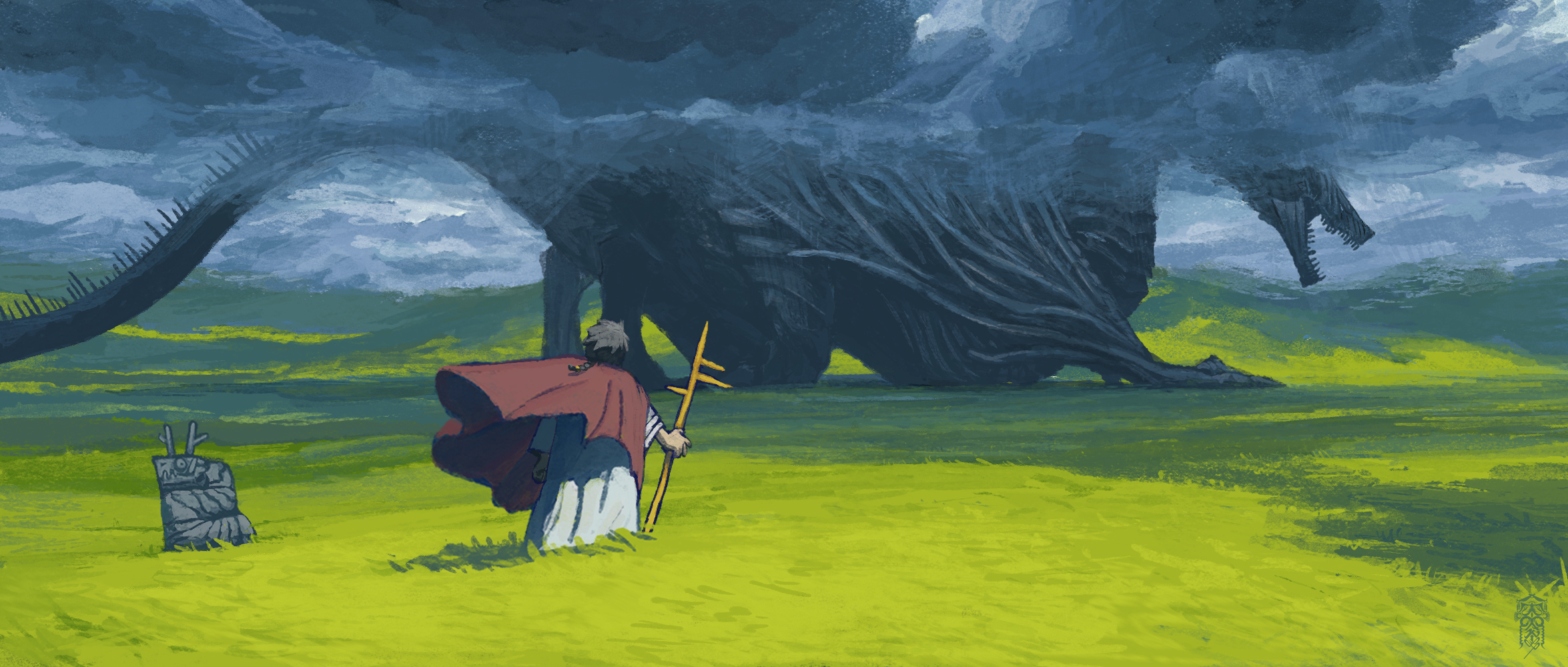 taiyakiki-5687, original, commentary request, highres, 1boy, black hair, cape, cloak, cloud, cloudy sky, dragon, fantasy, field, from behind, holding, holding staff, long sleeves, monster, outdoors, red cape, scenery, short hair, sky, staff, standing, western dragon, white cloak, wide shot
