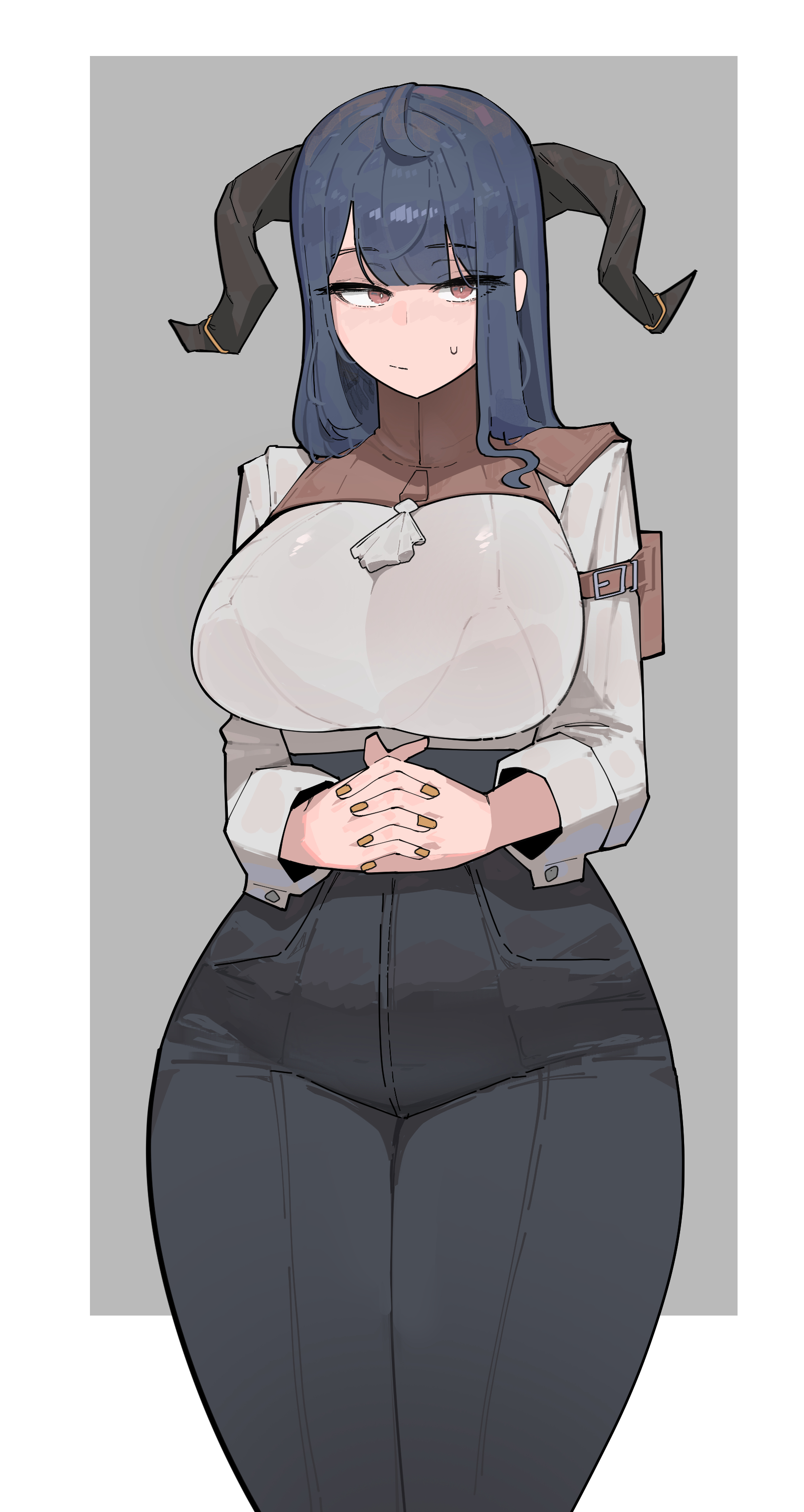 azz0422, original, absurdres, highres, :/, ahoge, backward-facing horns, bikini visible through clothes, black hair, black horns, black pants, blunt bangs, breasts, brown eyes, closed mouth, demon girl, demon horns, eyelashes, grey shirt, high-waist pants, high collar, horns, huge breasts, long sleeves, narrow waist, narrowed eyes, own hands together, pants, raised eyebrows, shirt, simple background, standing, straight hair, sweatdrop, thick thighs, thighs, wrist cuffs