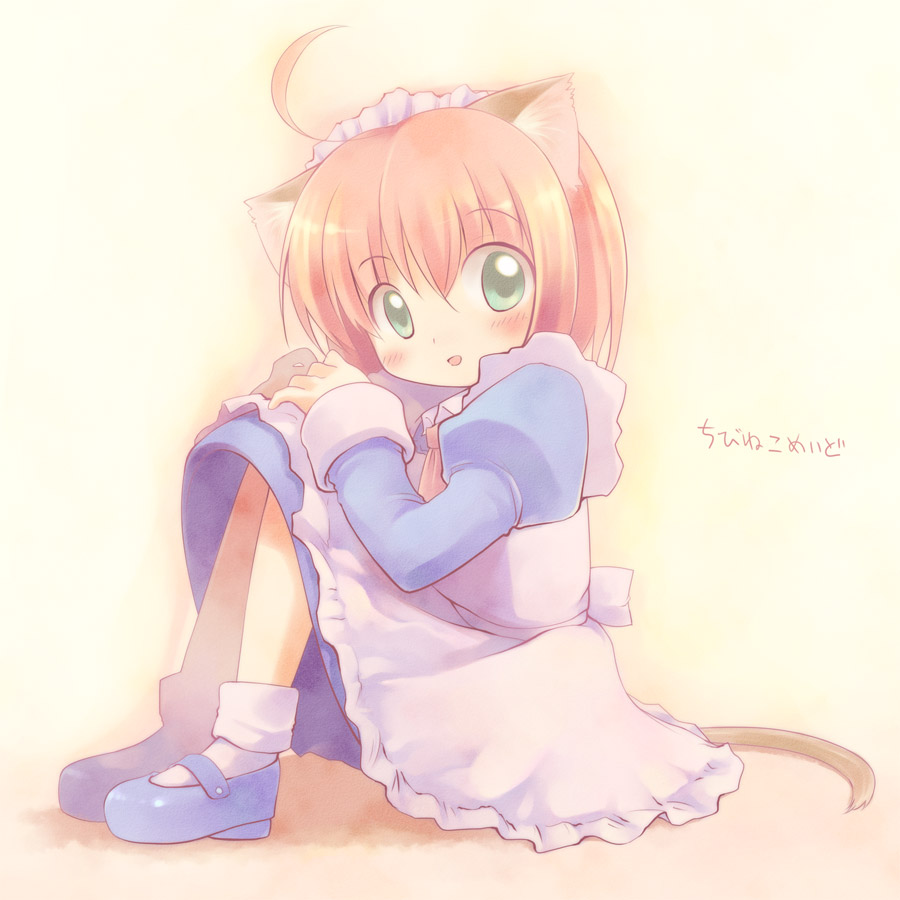 emurin, animal ears, blush, green eyes, hugging own legs, knees to chest, maid, short hair, sitting, solo, tail