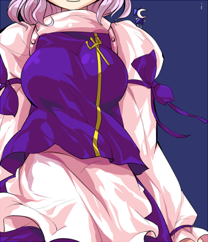ideolo, cirno, letty whiterock, touhou, lowres, 2girls, alphes (style), apron, blue background, bow, breasts, female focus, head out of frame, large breasts, multiple girls, parody, ribbon, short hair, simple background, smile, style parody
