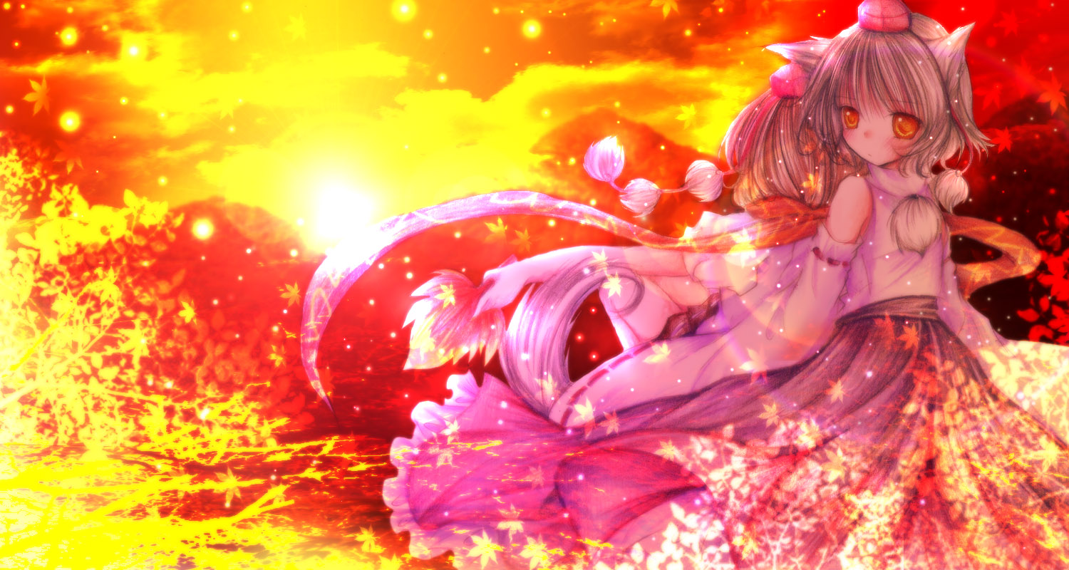 kasuga sunao, inubashiri momiji, shameimaru aya, touhou, bad id, bad pixiv id, 1girl, animal ears, black hair, cloud, female focus, hat, leaf, outdoors, short hair, sky, solo, standing, sunset, tail, white hair, wolf ears, wolf tail