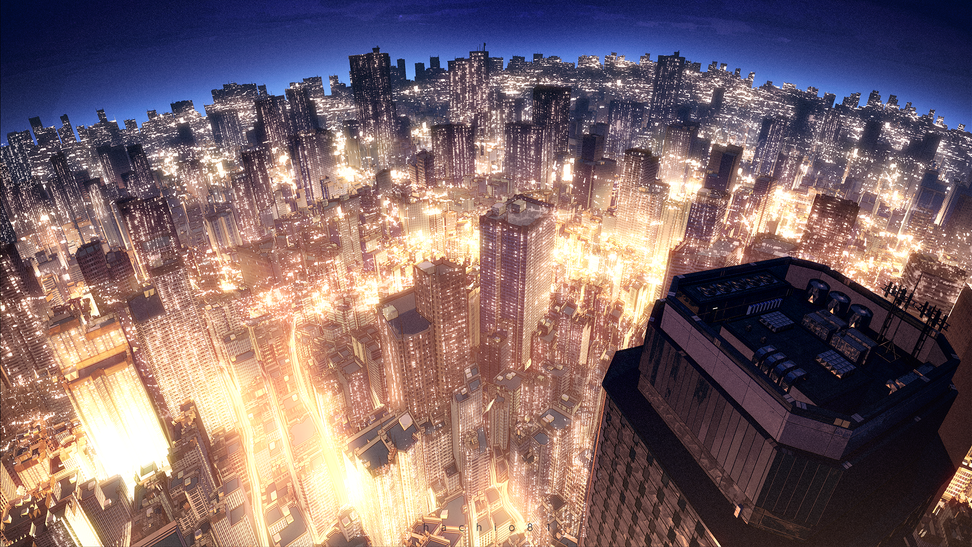 hachio81, original, commentary request, highres, building, city, city lights, cityscape, film grain, night, night sky, no humans, scenery, sky, skyscraper