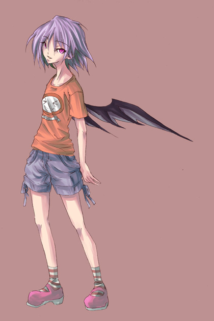 vallenxgp, remilia scarlet, touhou, bad id, bad pixiv id, 1girl, alternate costume, blue hair, casual, contemporary, female focus, full body, shirt, short hair, shorts, simple background, solo, t-shirt, wings