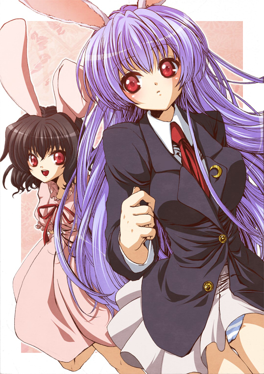 jyuru, inaba tewi, reisen udongein inaba, touhou, 2girls, animal ears, black hair, breasts, female focus, long hair, multiple girls, panties, purple hair, rabbit ears, short hair, skirt, underwear