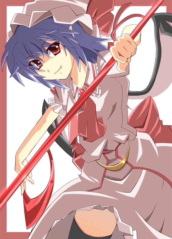 shin'ya (nanp), remilia scarlet, touhou, 1girl, blue hair, fang, female focus, hat, polearm, ribbon, short hair, skirt, solo, spear, spear the gungnir, thighhighs, weapon, white background, wings