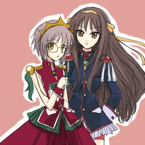 dahlia (tiamatdahlia), himemiya anthy, nagato yuki, suzumiya haruhi, tenjou utena, shoujo kakumei utena, suzumiya haruhi no shoushitsu, suzumiya haruhi no yuuutsu, lowres, 2girls, aiguillette, brown eyes, brown hair, cosplay, dress, epaulettes, glasses, himemiya anthy (cosplay), long hair, multiple girls, official alternate hair length, official alternate hairstyle, tenjou utena (cosplay), tiara, yellow eyes