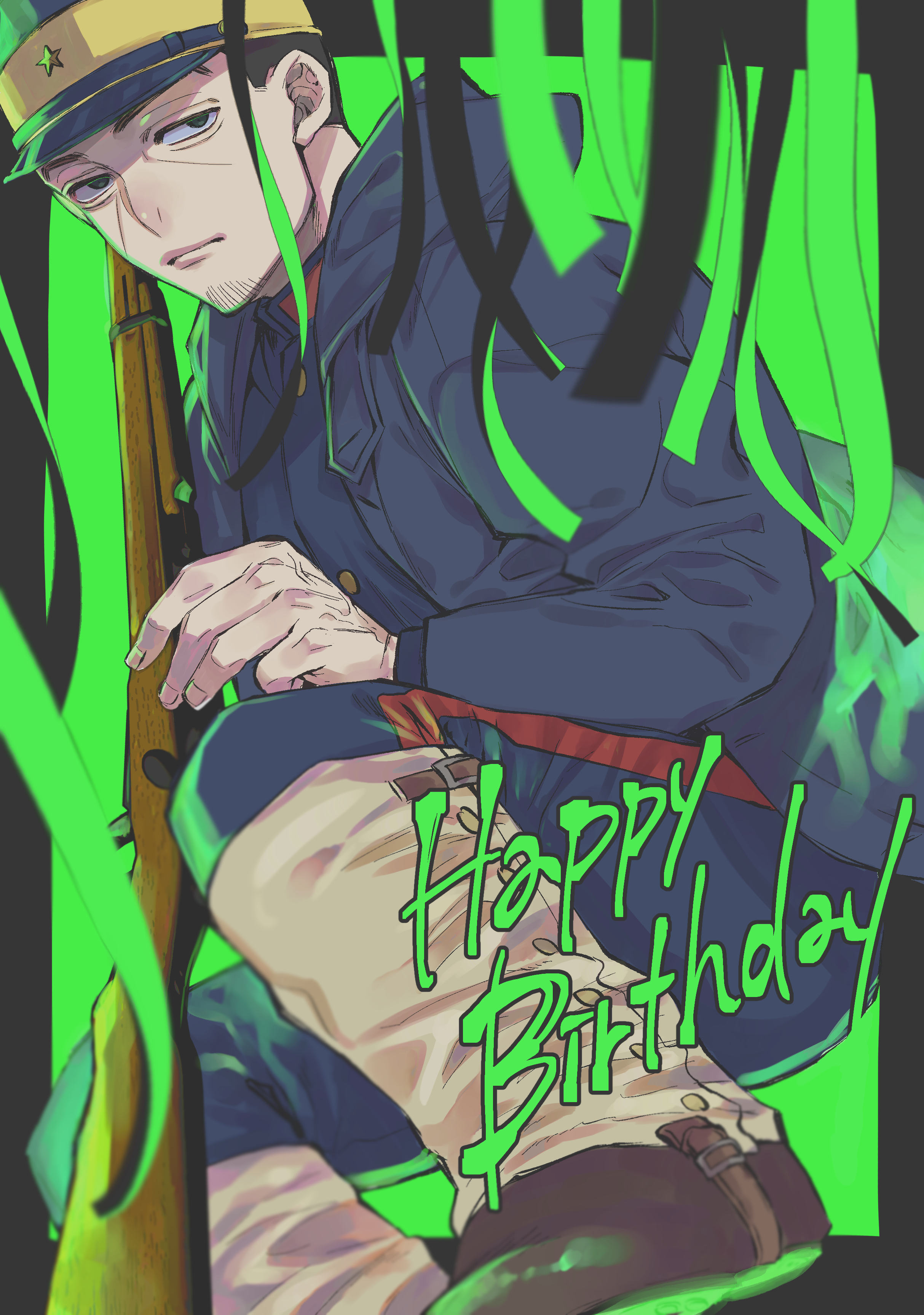 tsukishima hajime, golden kamuy, absurdres, highres, 1boy, black eyes, black hair, blue jacket, blue pants, border, closed mouth, facial hair, goatee stubble, grey border, gun, h3110n, happy birthday, jacket, long sleeves, looking at viewer, male focus, military uniform, pants, rifle, short hair, solo, stubble, veins, veiny hands, very short hair, weapon