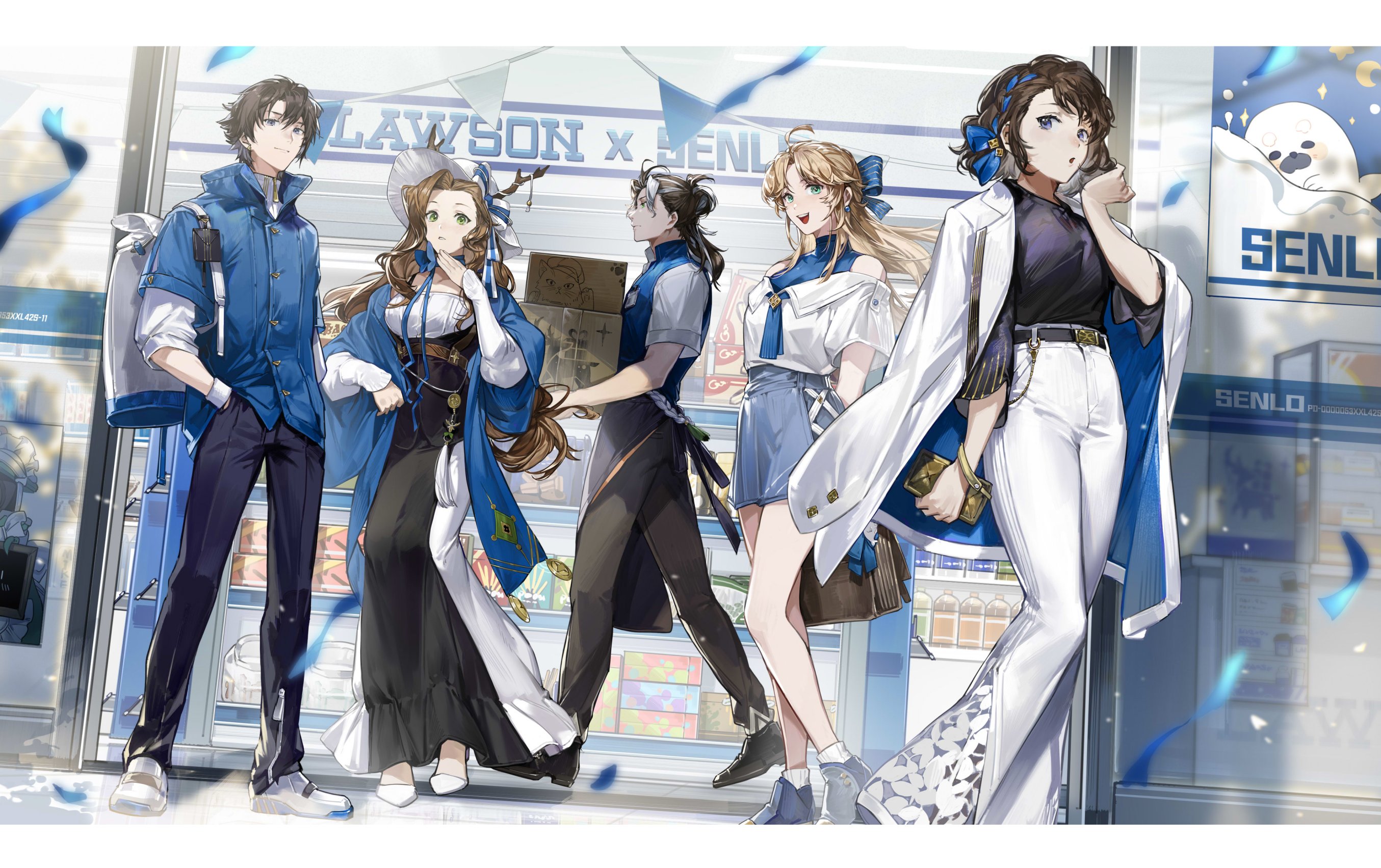 bokyo, ash echoes, lawson, character request, highres, official art, 2boys, 3girls, :d, ahoge, alternate costume, antlers, apron, arms behind back, backpack, bag, bag charm, bare shoulders, bell-bottoms, belt, black apron, black belt, black dress, black hair, black pants, black shirt, blonde hair, blue bow, blue choker, blue eyes, blue jacket, blue neckerchief, blue ribbon, blue shawl, blue shirt, blue shoes, blue shorts, blue vest, blurry, blurry foreground, border, bow, box, braid, brown bag, brown hair, cardboard box, charm (object), choker, closed mouth, clutch purse, confetti, crew neck, cross-laced clothes, cross-laced shorts, curtained hair, day, dress, earrings, employee uniform, expressionless, feet out of frame, framed breasts, frilled dress, frills, full body, green eyes, grey shirt, hair between eyes, hair bow, hair bun, hair ribbon, half updo, hand in pocket, hand to own mouth, hand up, handbag, hat, hat bow, high heels, holding, holding bag, holding box, holding wallet, horns, horns through headwear, id card, jacket, jacket on shoulders, jewelry, lace pants, layered shirt, layered sleeves, letterboxed, light smile, loafers, long dress, long hair, long sleeves, looking ahead, looking at viewer, medium hair, multicolored hair, multiple boys, multiple girls, neckerchief, no shoes, off-shoulder shirt, off shoulder, open mouth, pants, parted bangs, parted lips, profile, puckered lips, purple eyes, ribbon, ribbon braid, ribbon choker, satchel, shawl, shirt, shoes, short-sleeved jacket, short hair, short over long sleeves, short sleeves, shorts, side braid, side part, smile, socks, standing, storefront, streaked hair, string of flags, striped bow, stud earrings, su xiao, sun hat, sunlight, swept bangs, three-quarter sleeves, turtleneck, turtleneck dress, two-sided fabric, two-sided jacket, two-tone dress, underbust, vest, walking, wallet, wallet chain, wavy hair, white bag, white border, white bow, white dress, white hair, white hat, white jacket, white pants, white shirt, white shoes, white socks, yaopei, zodivin azure