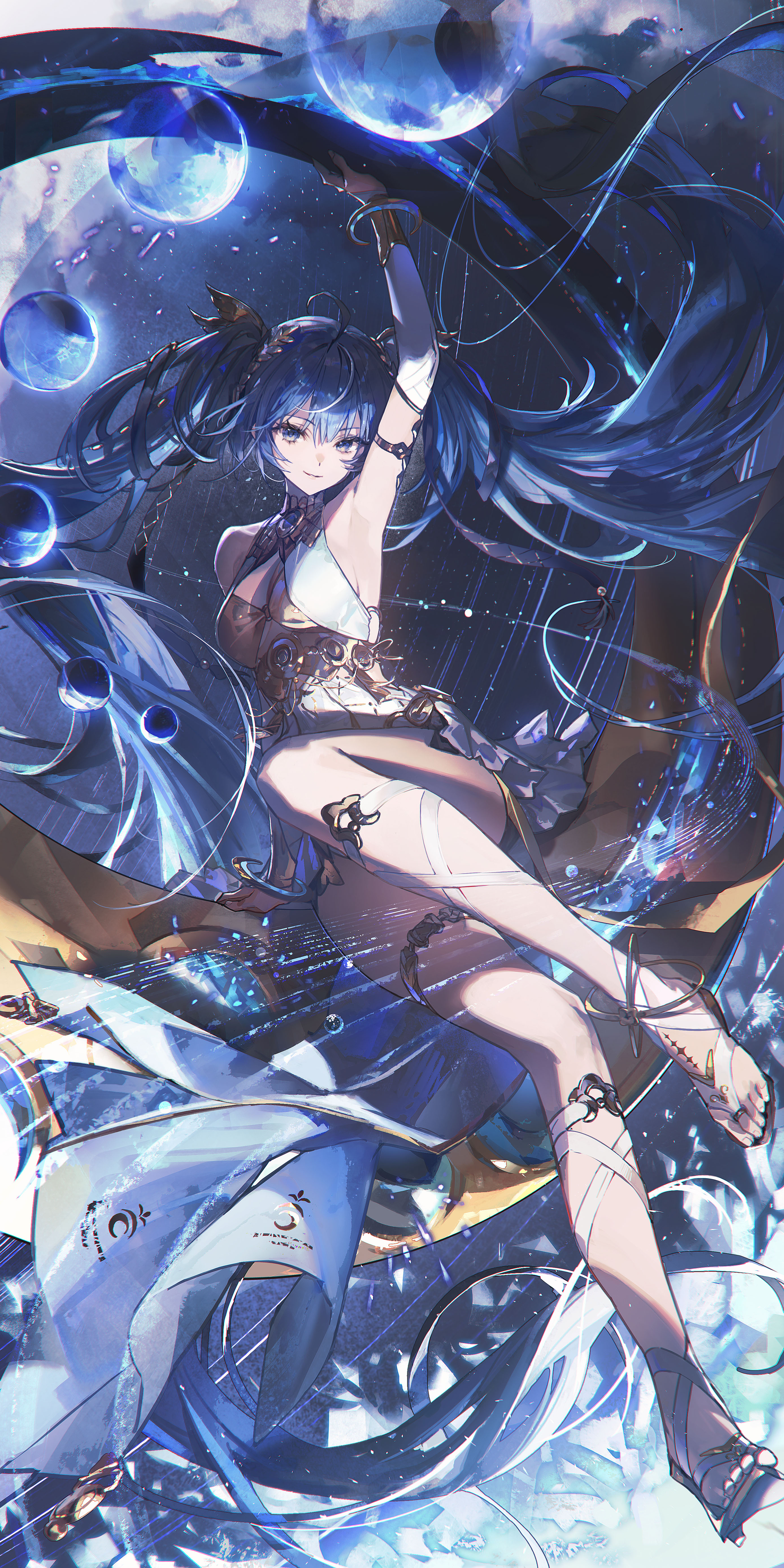 ame jang, iuno (wuthering waves), wuthering waves, absurdres, highres, 1girl, ahoge, ancient greek clothes, arm up, armlet, armpits, blue eyes, blue hair, breasts, cleavage, closed mouth, full body, gladiator sandals, gold bra, greco-roman clothes, hair belt, head wreath, jewelry, leg wrap, long hair, looking at viewer, medium breasts, missing commentary, sandals, smile, solo, tacet mark (wuthering waves), thighlet, thighs, toes, twintails, very long hair