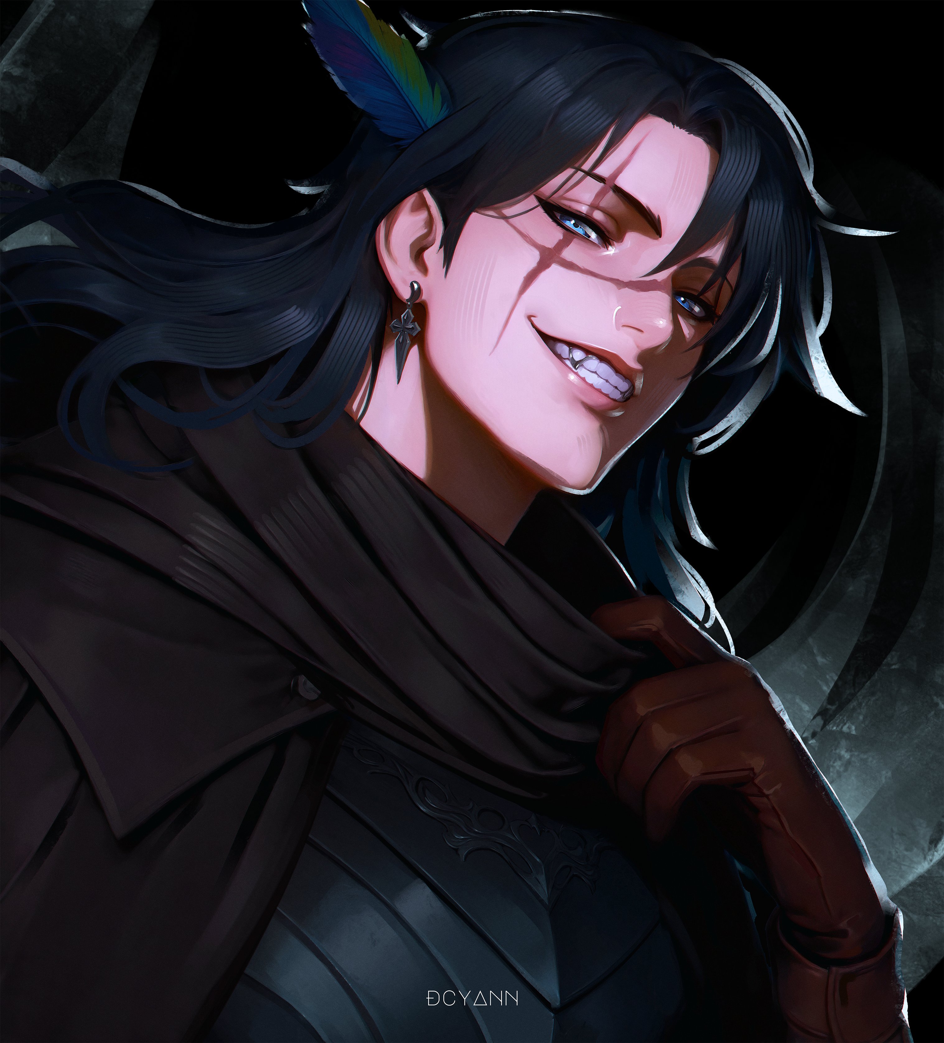 dcyann, original, absurdres, commission, highres, vgen commission, 1boy, armor, artist name, black hair, black jacket, black scarf, blue eyes, brown gloves, cross, cross earrings, cross scar, earrings, gloves, grin, jacket, jewelry, looking at viewer, scar, scar on face, scarf, smile, solo, upper body
