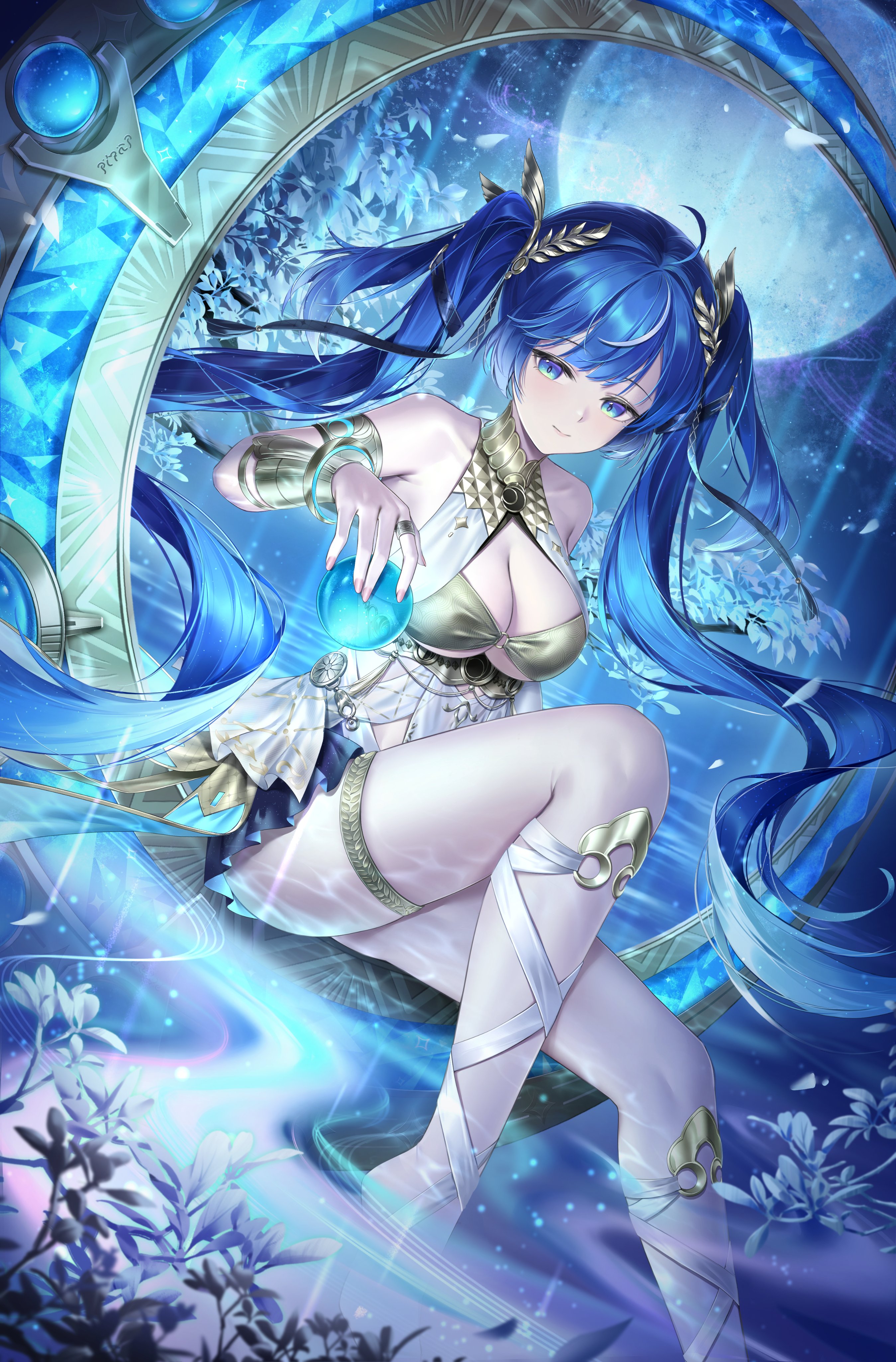 yinghuahua, iuno (wuthering waves), wuthering waves, absurdres, bad id, bad twitter id, commentary, highres, 1girl, ahoge, ancient greek clothes, armlet, bare shoulders, barefoot, black skirt, blue eyes, blue hair, breasts, cleavage, closed mouth, fingernails, greco-roman clothes, head wreath, holding orb, jewelry, leg wrap, long hair, looking at viewer, skirt, smile, solo, thighlet, thighs, twintails, very long hair