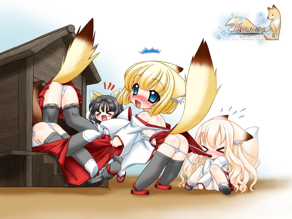 nakajima konta, awayuki (snow fox), fuuka (snow fox), koyuki (snow fox), yukina (snow fox), yukino (snow fox), snow fox, > <, 5girls, adapted uniform, animal ears, ass, black hair, blonde hair, blush, chibi, closed eyes, flat chest, fox ears, hakama, hakama skirt, japanese clothes, loli, miko, multiple girls, nipple slip, nipples, panties, pussy, pussy peek, red hakama, skirt, tabi, tail, uncensored, underwear