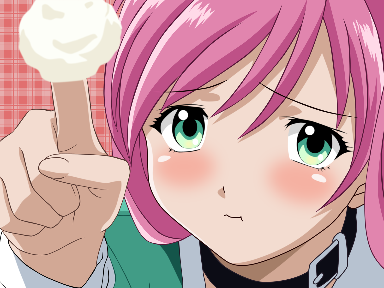 akashiya moka, rosario+vampire, derivative work, highres, vector trace, 00s, blush, collar, cream, green eyes, pink hair, portrait, solo
