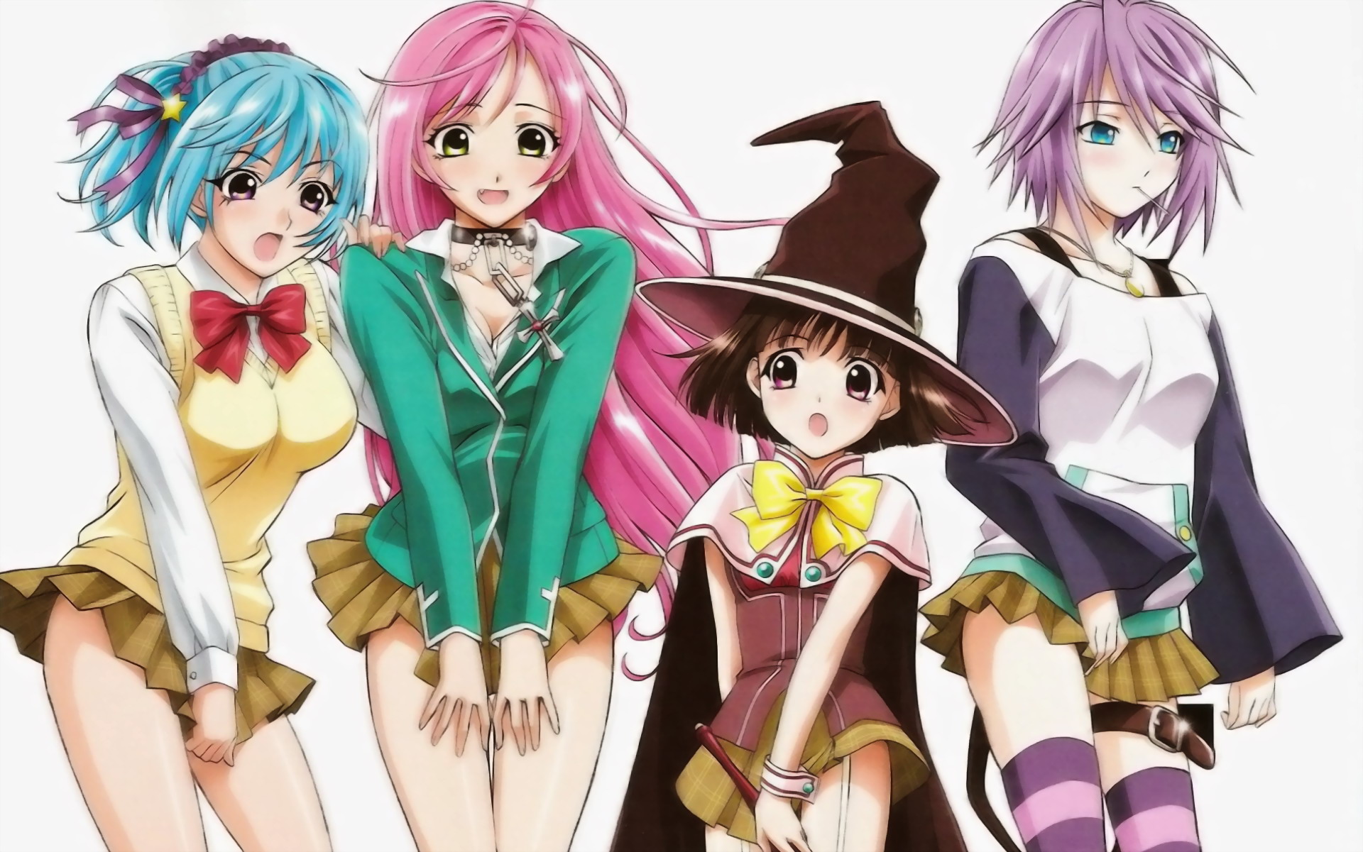 akashiya moka, kurono kurumu, sendou yukari, shirayuki mizore, rosario+vampire, highres, 00s, 4girls, blue hair, bob cut, breasts, brown hair, cape, demon girl, fang, green shirt, hat, long hair, multiple girls, pink hair, purple hair, school uniform, serafuku, shirt, short hair, skirt, sweater, thigh strap, thighhighs, vampire, witch, witch hat, wrist cuffs