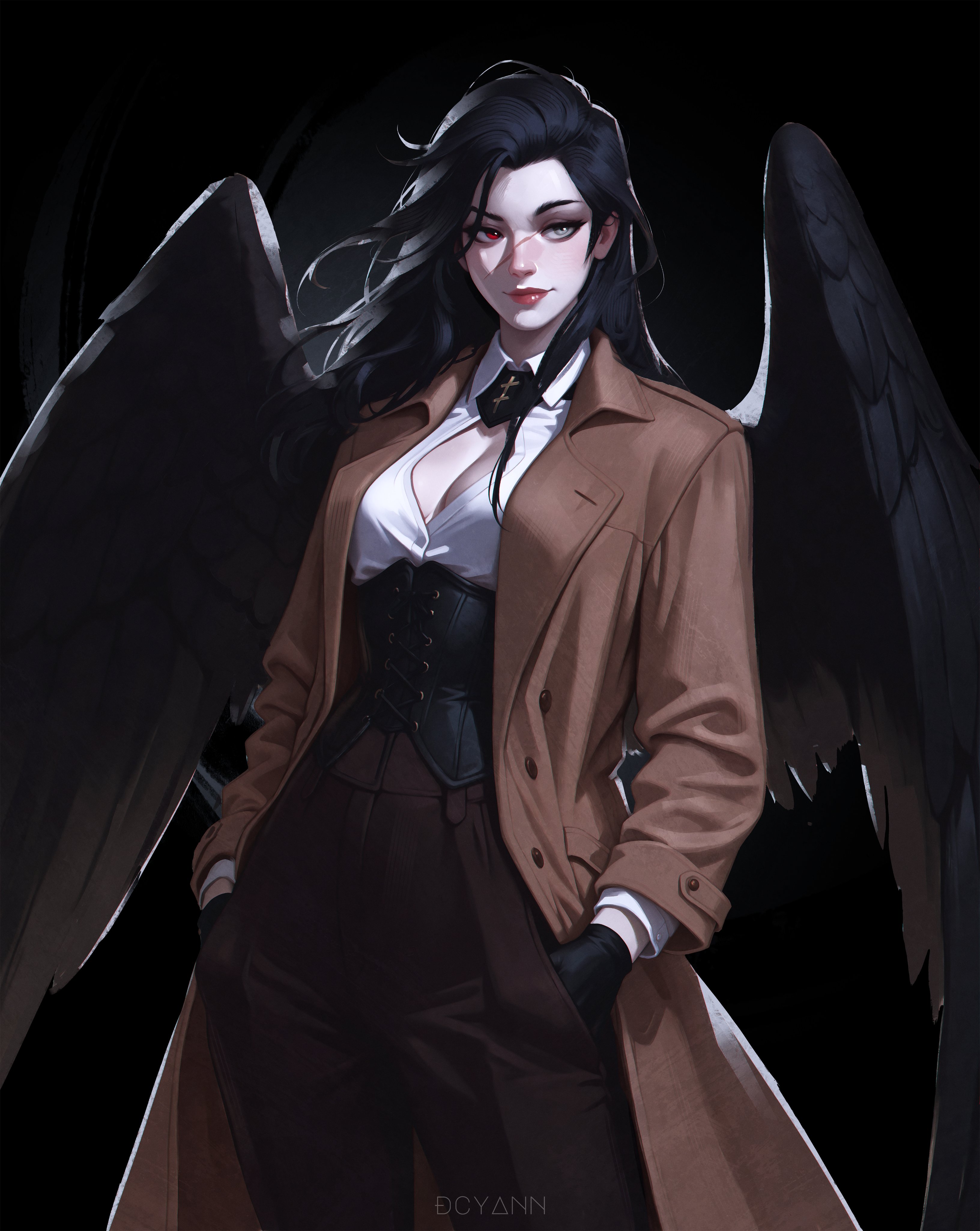 dcyann, original, absurdres, highres, 1girl, artist name, black corset, black gloves, black hair, black wings, breasts, brown coat, brown pants, coat, corset, fallen angel, feathered wings, gloves, grey eyes, hands in pockets, heterochromia, long hair, open clothes, open coat, pants, red eyes, scar, scar on face, scar on nose, shirt, small breasts, solo, white shirt, wings