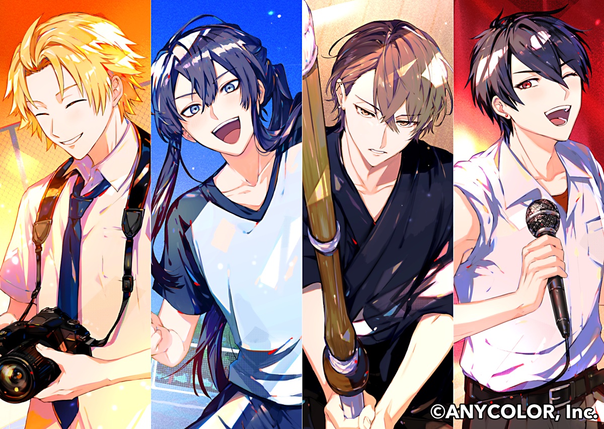 yuuichi (bobobo), genzuki toujirou, kagami hayato, kanda shouichi, yumeoi kakeru, nijisanji, official art, 4boys, :d, ;d, ^ ^, belt, belt buckle, black belt, black hair, black hakama, black kimono, blonde hair, blue eyes, blue necktie, breast pocket, brown eyes, brown hair, buckle, cable, camera, camera around neck, center-flap bangs, chain-link fence, closed eyes, collarbone, collared shirt, column lineup, copyright notice, cowboy shot, day, dusk, earrings, fence, goal, hair behind ear, hair between eyes, hakama, holding, holding camera, holding sword, holding weapon, japanese clothes, jewelry, kendo, kimono, light blush, long hair, looking at viewer, male focus, multiple boys, necktie, one eye closed, open mouth, parted bangs, parted lips, pocket, ponytail, purple hair, red eyes, school uniform, serious, shinai, shirt, shirt tucked in, short hair, short sleeves, sidelocks, sideways glance, sleeves rolled up, smile, soccer field, soccer uniform, sportswear, standing, stud earrings, sword, undershirt, virtual youtuber, weapon, white shirt, wing collar, wooden sword