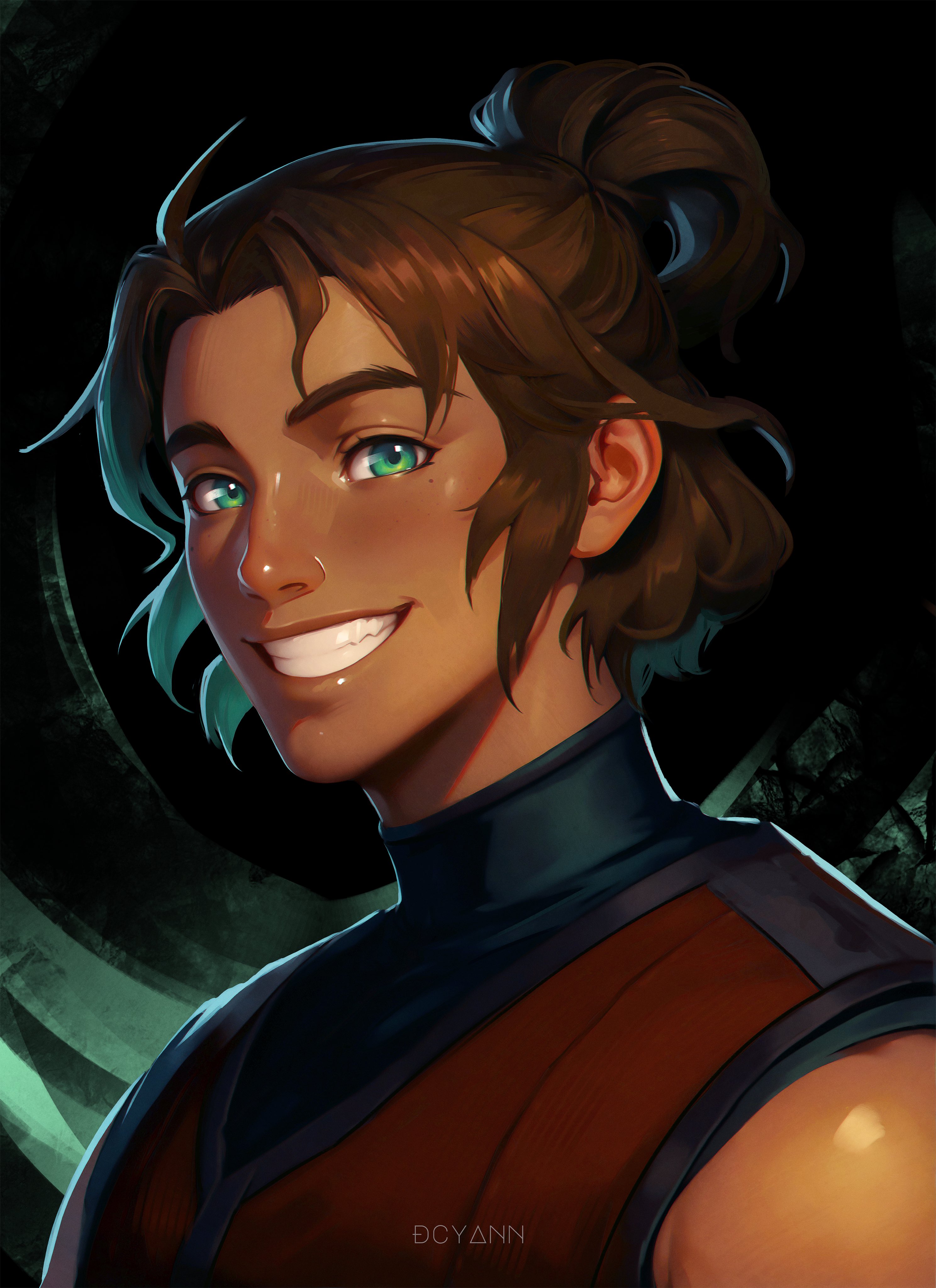dcyann, original, absurdres, highres, 1boy, artist name, brown hair, dark-skinned male, dark skin, green eyes, grin, looking at viewer, portrait, short hair, sleeveless, smile, solo, teeth