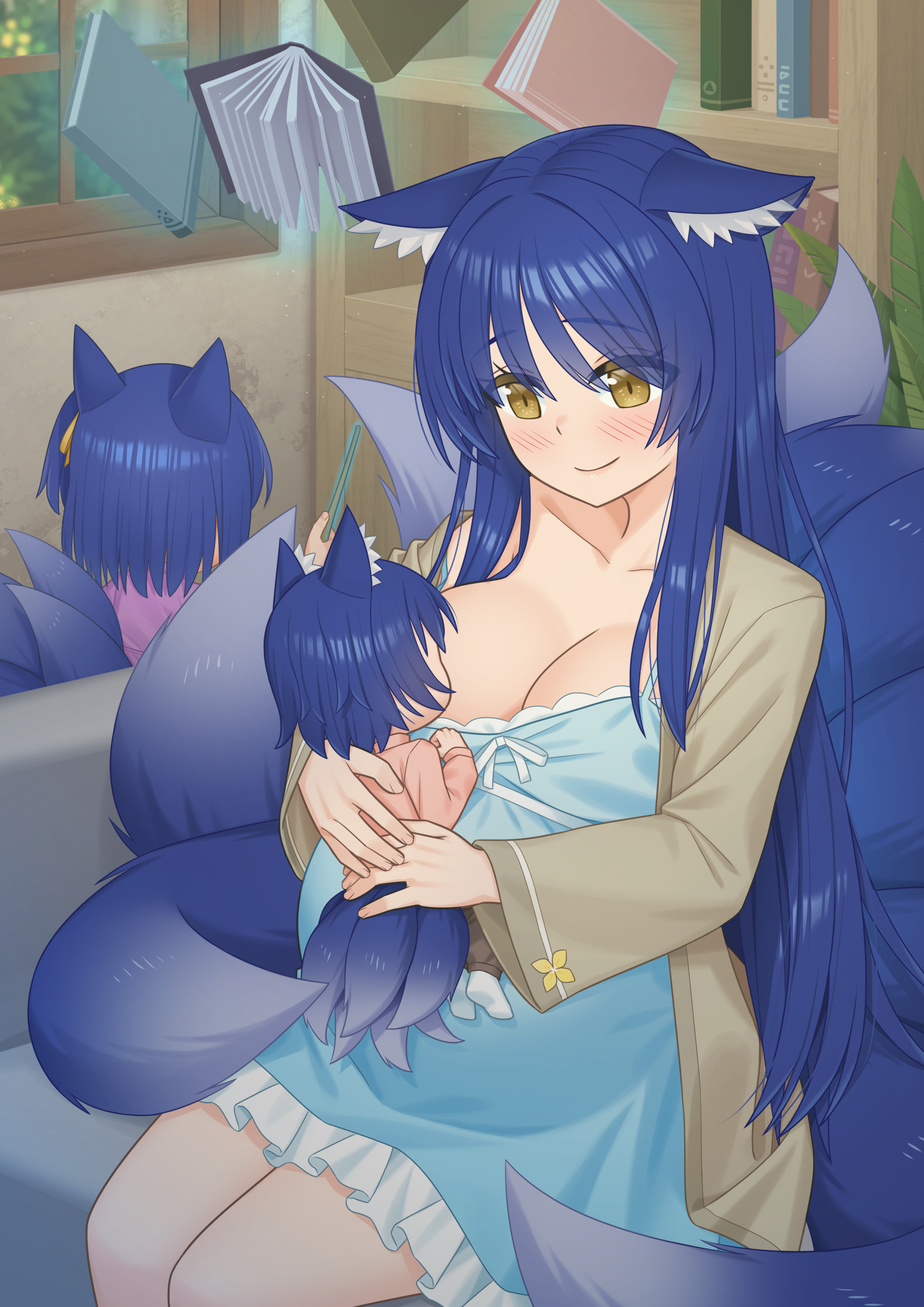mao lian (nekokao), original, absurdres, commission, highres, pixiv commission, animal ears, aqua dress, blue hair, book, bookshelf, breastfeeding, breasts, brown eyes, brown jacket, cleavage, closed mouth, dress, fox ears, fox girl, fox tail, jacket, large breasts, long hair, magic, mother and child, mother and daughter, mother and son, multiple tails, pregnant, tail