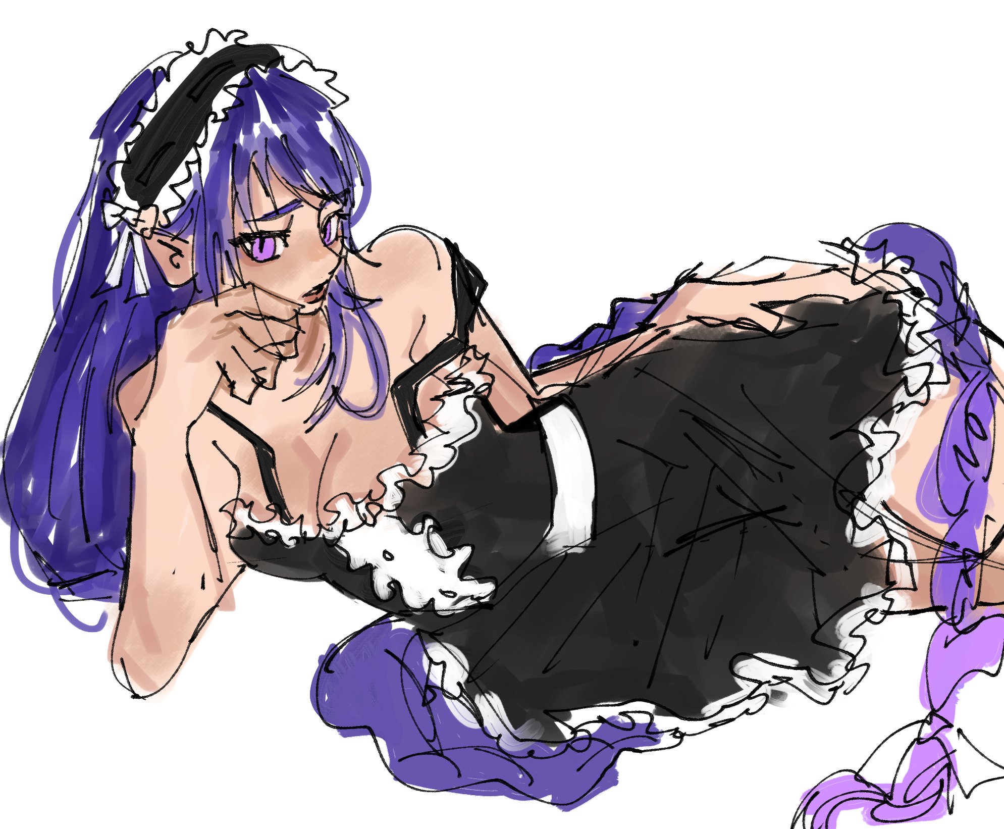riki0928, raiden shogun, genshin impact, highres, 1girl, black dress, braid, breasts, cleavage, dress, frilled dress, frills, hand on own chin, head rest, large breasts, long hair, looking at viewer, lying, maid, maid headdress, on side, parted lips, purple eyes, purple hair, red lips, sideways glance, simple background, single braid, sketch, slit pupils, solo, white background
