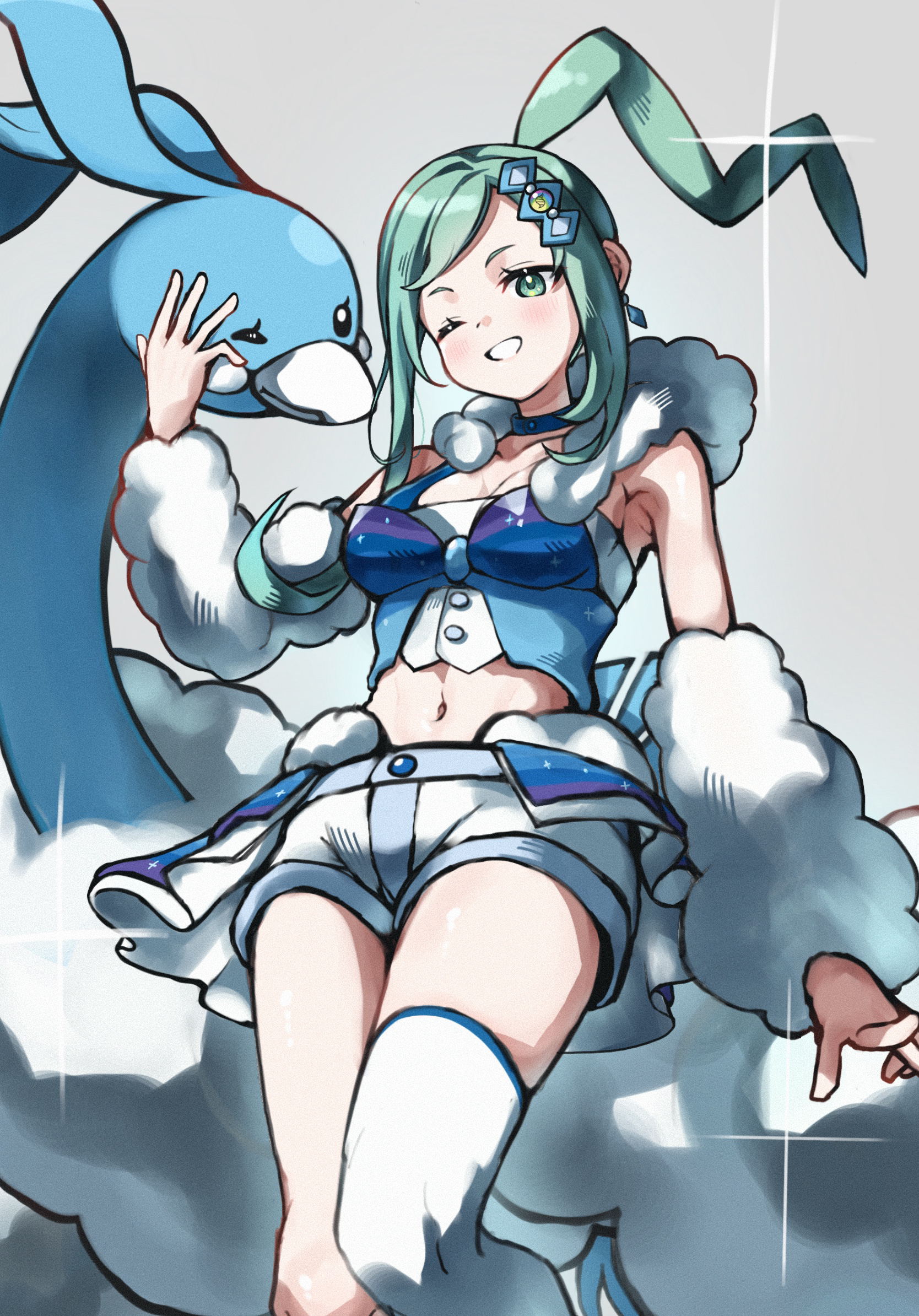 nagyiiie, altaria, lisia (pokemon), nintendo, pokemon, pokemon oras, commentary request, highres, partial commentary, 1girl, aqua eyes, aqua hair, arm warmers, armpits, bare shoulders, blue camisole, blue choker, blue skirt, blush, breasts, camisole, choker, cleavage, collarbone, earrings, feathers, fluffy, fur trim, gen 3 pokemon, grey background, grin, hair ornament, jewelry, long hair, looking at viewer, medium breasts, midriff, navel, one eye closed, overskirt, pokemon (creature), short shorts, shorts, shorts under skirt, sidelocks, simple background, single thighhigh, skindentation, skirt, smile, standing, standing on one leg, swept bangs, teeth, thighhighs, white feathers, white shorts, white thighhighs