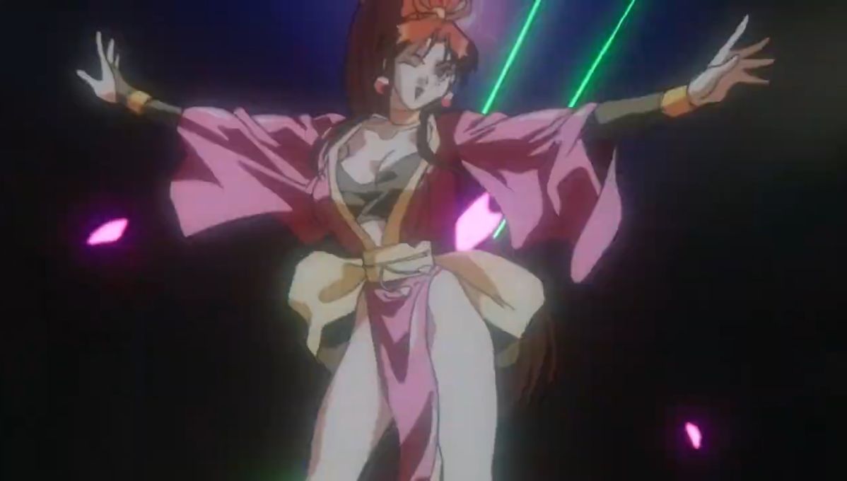shiranui mai, fatal fury, fatal fury: the motion picture, snk, anime screenshot, 1990s (style), breasts, cherry blossoms, cleavage, dancing, discotheque, earrings, japanese clothes, jewelry, laser, nightclub, ninja, one eye closed, orange hair, ponytail, retro artstyle, ribbon, sakura petals, see-through clothes, see-through shirt, shirt, smiley face, stage, stage lights, wink