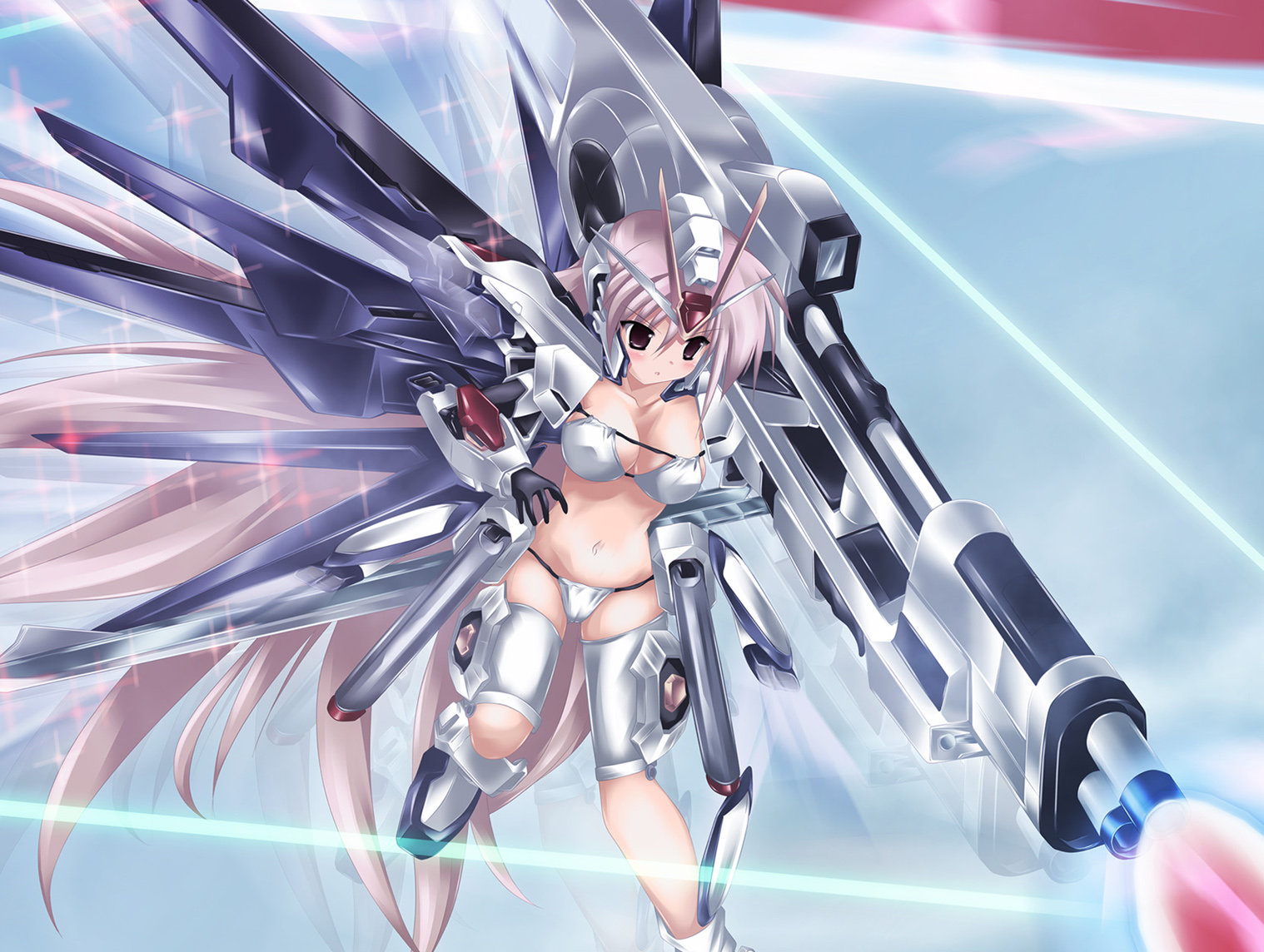 armor, bra, gun, lingerie, mechanical wings, panties, robot suit, underwear, weapon