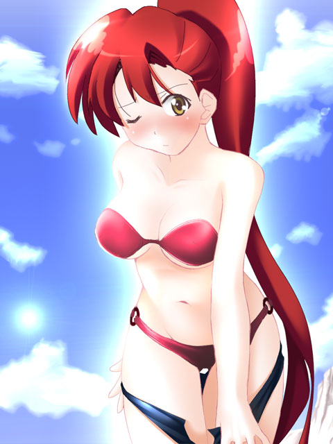 yoko littner, tengen toppa gurren lagann, 00s, 1girl, bikini, blush, breasts, female focus, outdoors, ponytail, red hair, sky, solo, swimsuit, undressing, yellow eyes