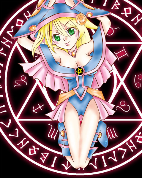 dark magician girl, yu-gi-oh!, yu-gi-oh! duel monsters, yuu-gi-ou, blonde hair, duel monster, green eyes, magic circle, pentagram, runes