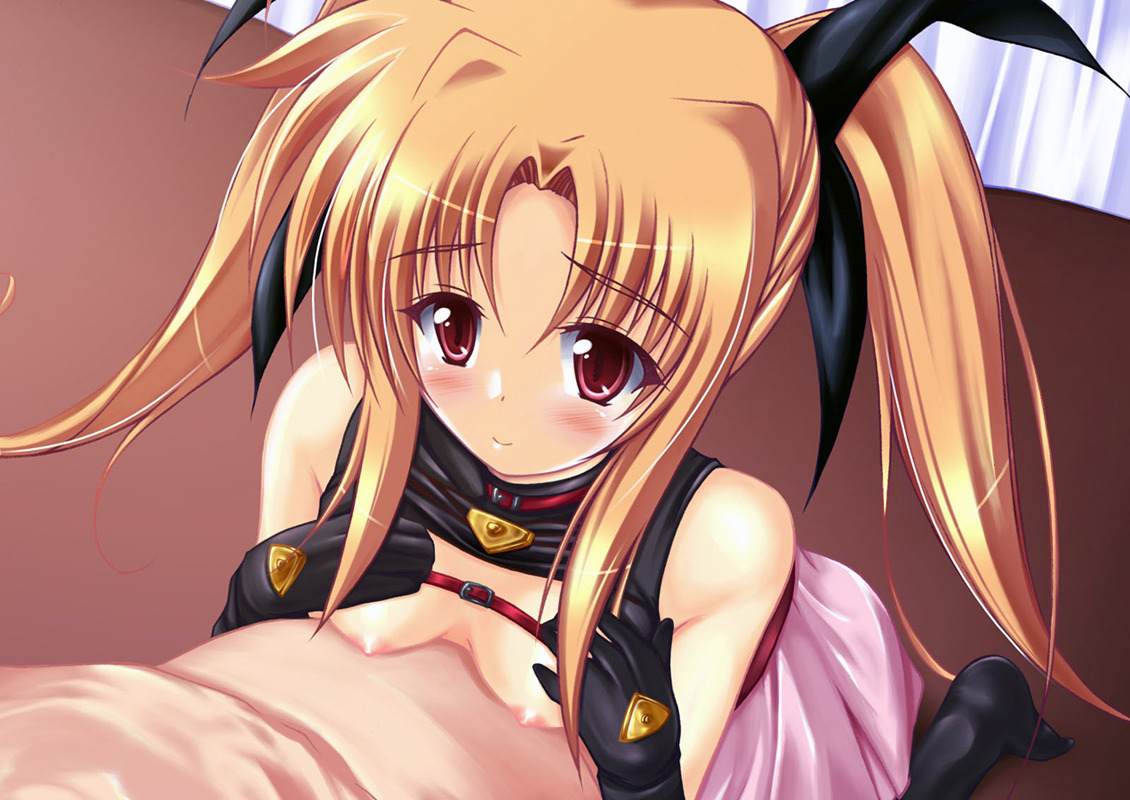 uminchu, fate testarossa, lyrical nanoha, mahou shoujo lyrical nanoha, mahou shoujo lyrical nanoha a's, 00s, blonde hair, blush, breasts, flat chest, nipples, paizuri, red eyes, twintails