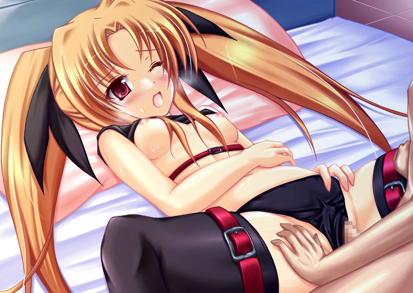 uminchu, fate testarossa, lyrical nanoha, mahou shoujo lyrical nanoha, mahou shoujo lyrical nanoha a's, highres, 00s, 1girl, black panties, black thighhighs, blush, breasts, breasts out, censored, clothes lift, cum, cum on body, cum on breasts, cum on upper body, facial, female focus, hair ornament, hair ribbon, indoors, long hair, mosaic censoring, nipples, on bed, one eye closed, open mouth, panties, penis, pillow, red eyes, ribbon, sex, shirt, shirt lift, small breasts, spread legs, thighhighs, twintails, underwear, wince