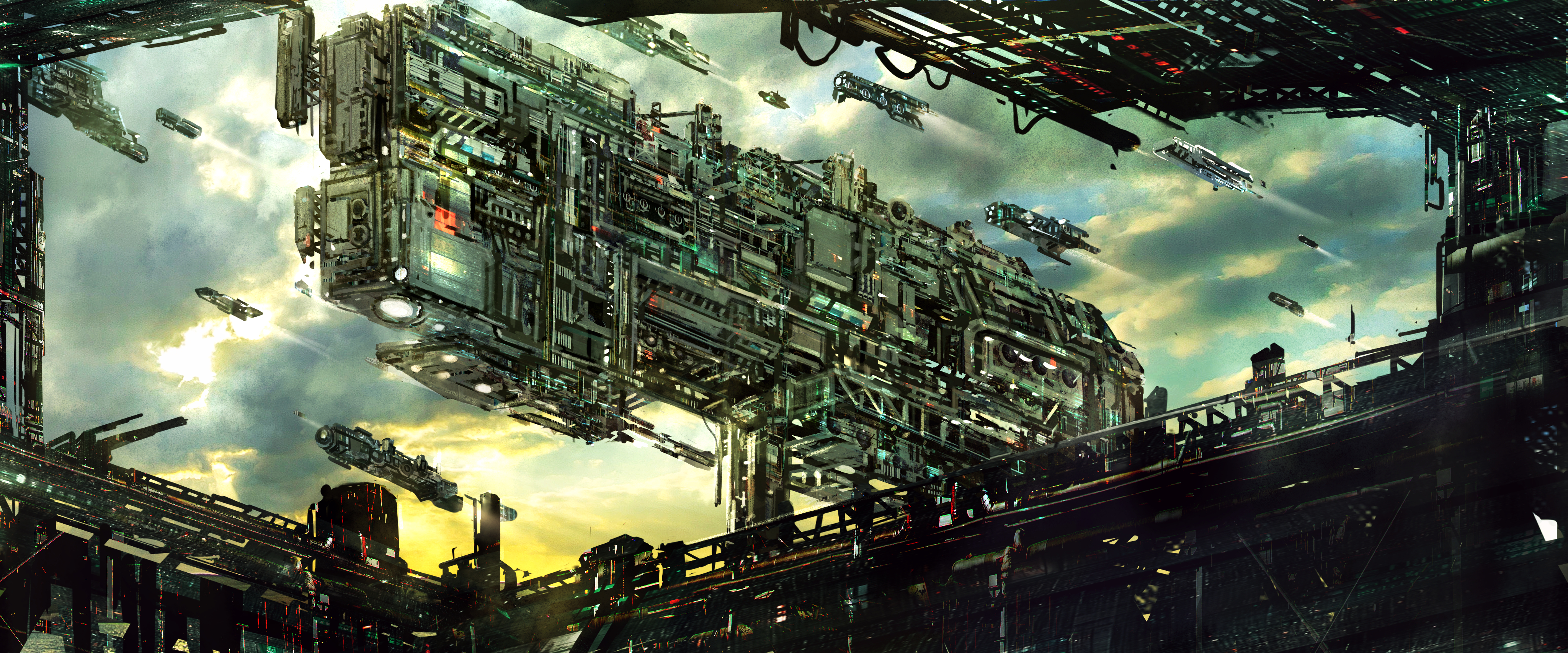 tajima haruki, original, absurdres, commentary request, highres, cloud, cloudy sky, day, evening, no humans, outdoors, scenery, science fiction, sky, spacecraft
