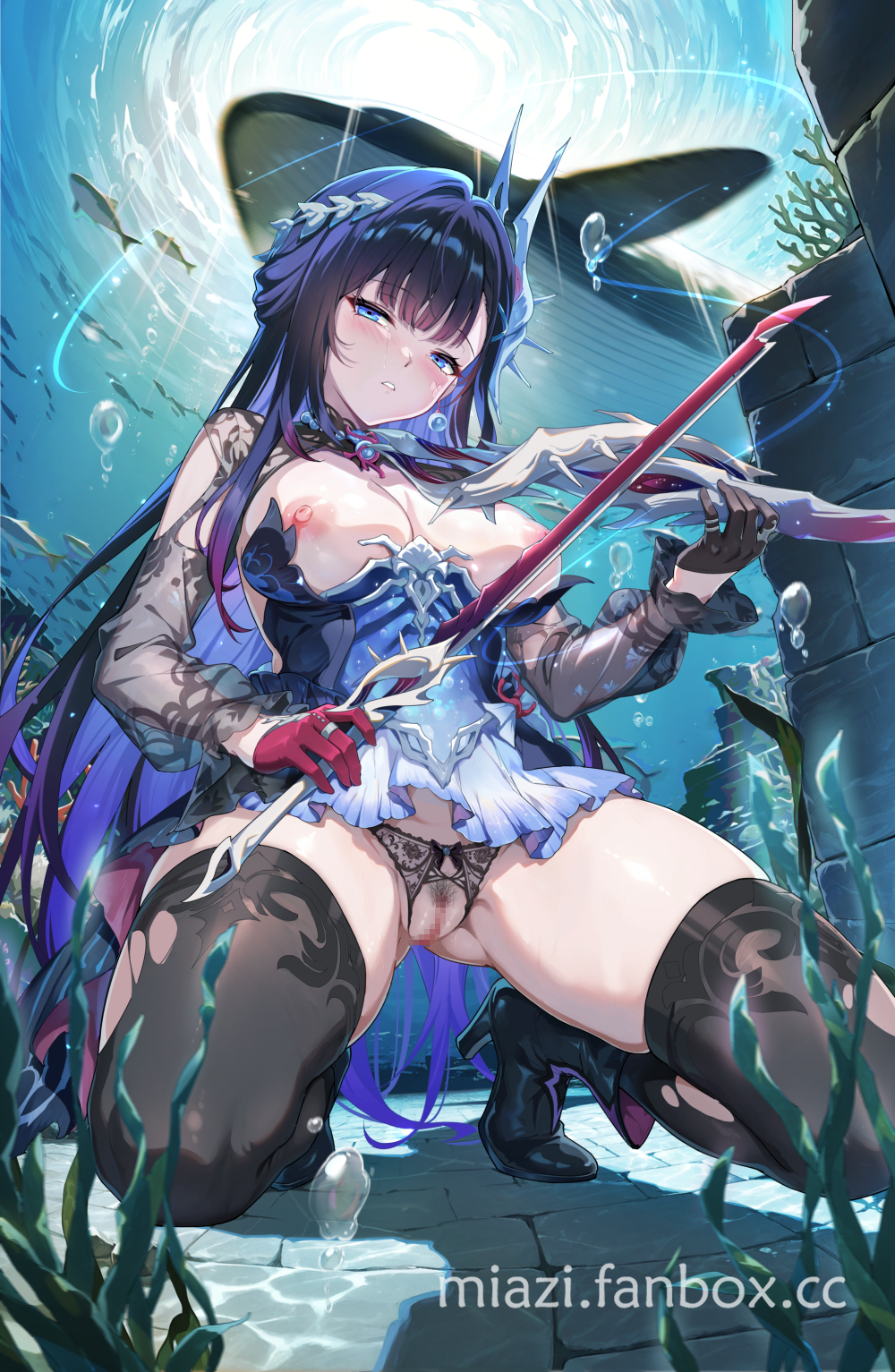 miazi, hysilens (honkai: star rail), honkai: star rail, honkai (series), commentary request, highres, 1girl, ankle boots, artist name, asymmetrical gloves, black gloves, black hair, black thighhighs, blue eyes, boots, breasts, censored, dress, female pubic hair, gloves, hair ornament, half gloves, holding, large breasts, long hair, looking at viewer, mismatched gloves, mosaic censoring, multicolored hair, nipples, parted lips, pubic hair, pussy, red gloves, solo, thighhighs, underwater, very long hair, watermark, web address, whale