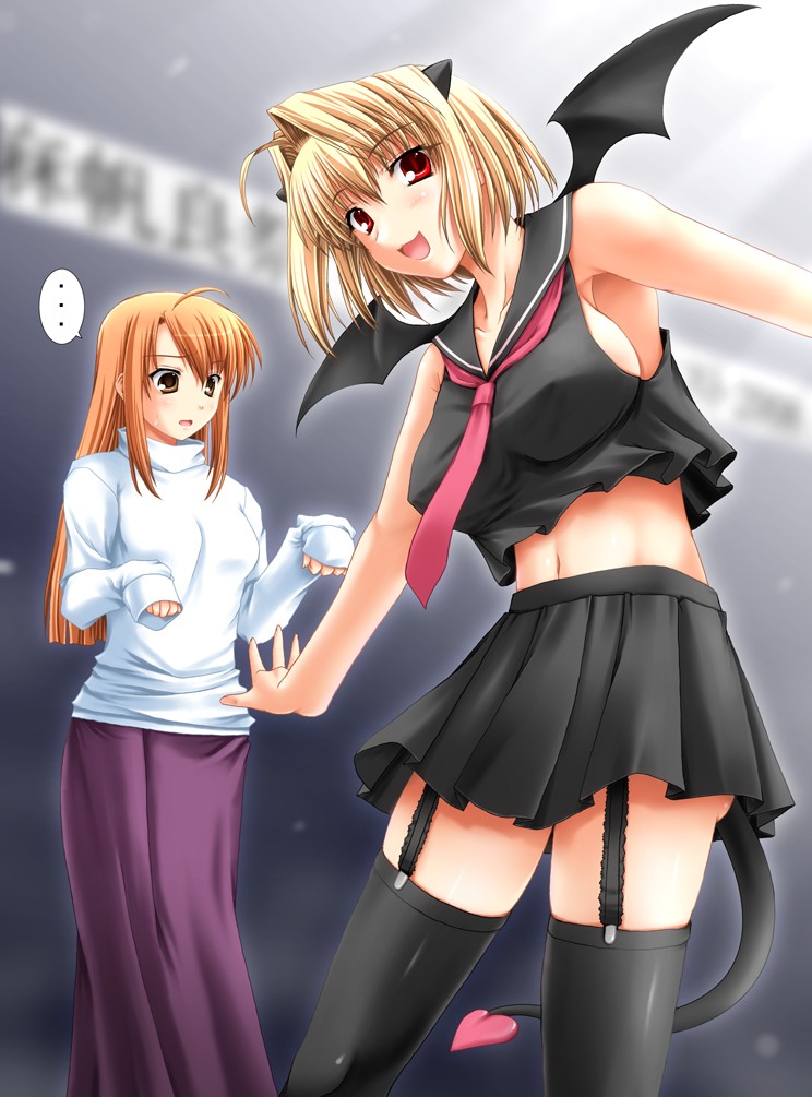 miyai sen, arcueid brunestud, hasegawa chisame, mahou sensei negima!, mahou shoujo biblion, tsukihime, 2girls, ahoge, arcueid brunestud (cosplay), bat wings, blonde hair, breasts, brown eyes, cosplay, costume switch, crossover, garter belt, hasegawa chisame (cosplay), heart, horns, long hair, long skirt, long sleeves, midriff, multiple girls, navel, necktie, purple skirt, red eyes, school uniform, serafuku, short hair, sideboob, skirt, sleeves past wrists, sweater, tail, thighhighs, turtleneck, wings, zettai ryouiki