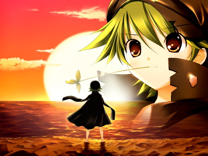circus (studio), circusland i, game cg, source request, 1girl, :3, banchou, barefoot, beach, brown eyes, delinquent, gakuran, green hair, mouth hold, projected inset, school uniform, serafuku, straw (stalk), sunset