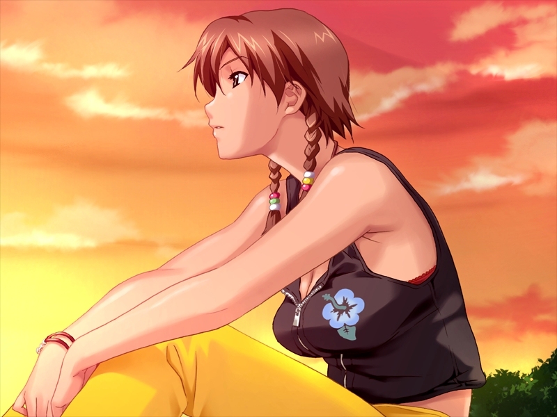 happoubi jin, kuouzumi mika, resort boin, looking away, game cg, 00s, 1girl, armpits, bare shoulders, bra, bracelet, braid, breasts, brown eyes, brown hair, casual, cleavage, cloud, female focus, floral print, hair ornament, jewelry, large breasts, lingerie, midriff, outdoors, pants, parted bangs, profile, red bra, short hair, sitting, sky, solo, sunset, tank top, twin braids, underwear, unzipped, zipper