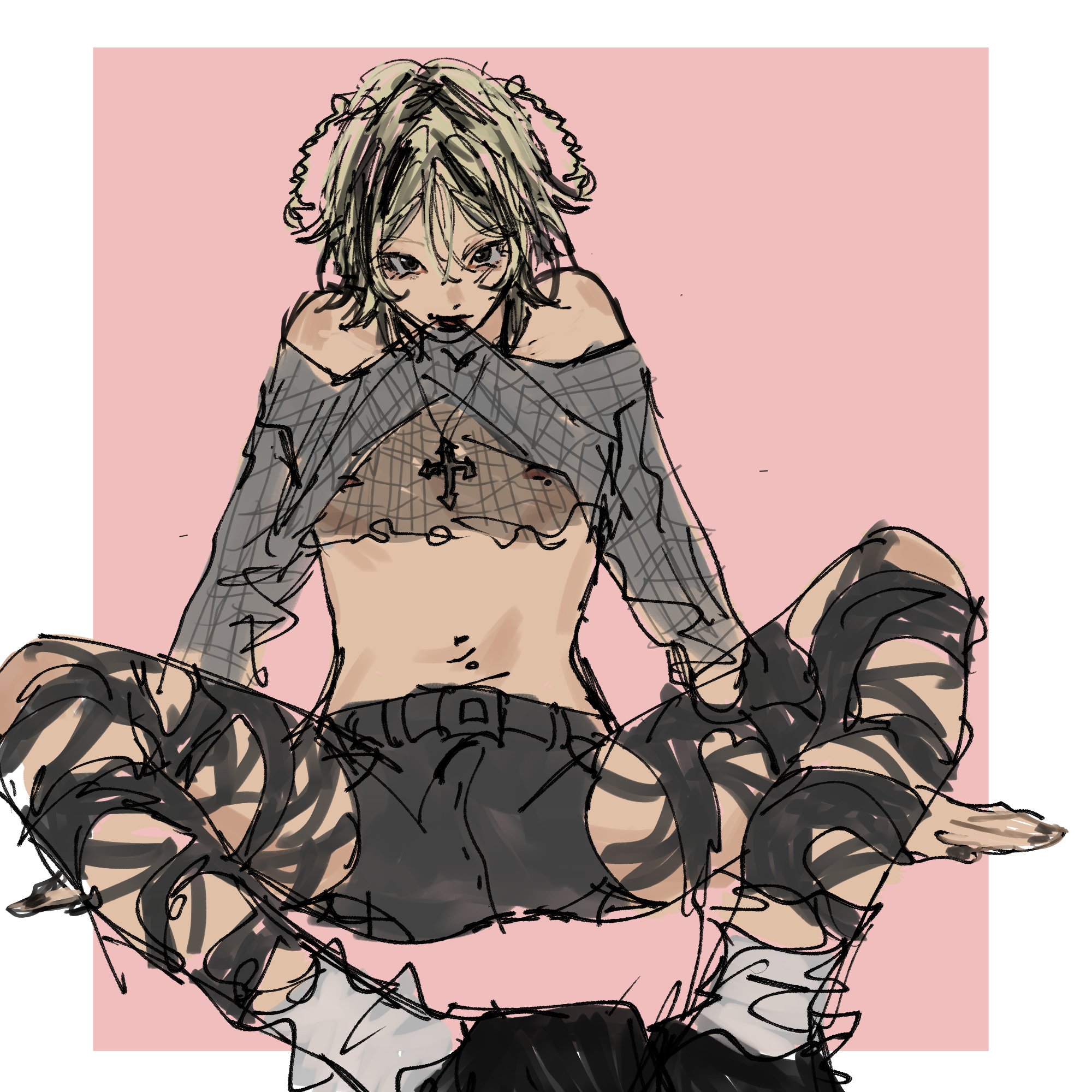 riki0928, original, highres, 1boy, ambroise (riki0928), ankle socks, black eyes, black hair, black pantyhose, black shoes, black shorts, blonde hair, braid, clothes lift, crop top, cross, cross necklace, grey shirt, jewelry, lifting own clothes, long sleeves, looking ahead, looking at viewer, male focus, midriff, mouth hold, multicolored hair, navel piercing, necklace, nipple piercing, nipples, off-shoulder shirt, off shoulder, pantyhose, piercing, pink background, shirt, shirt lift, shoes, shorts, simple background, sitting, socks, solo, spread legs, torn clothes, torn pantyhose, two-tone hair, white socks