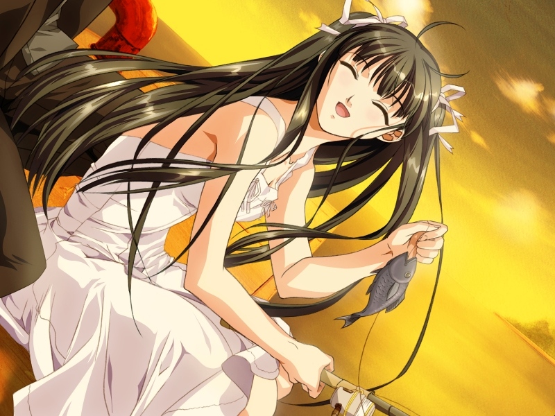 hashimoto takashi, amagi kojirou, kizeki noi, eve (series), eve ~new generation x~, game cg, source request, 1boy, 1girl, :d, ^ ^, antenna hair, bare shoulders, black hair, breasts, cleavage, closed eyes, cloud, dress, fish, fishing, fishing line, fishing rod, formal clothes, from side, hair ribbon, happy, holding, industrial pipe, long hair, looking back, open mouth, outdoors, pier, ribbon, sitting, sky, smile, solo focus, suit, sundress, sunset, two side up, water, white dress