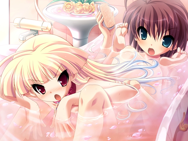 tsurugi hagane, nanashiki rin, souryuu nagare, gouen no soleil, game cg, 2girls, :o, ass, barefoot, bath, bathing, bathtub, blonde hair, brown hair, chain, claw foot bathtub, collar, feet, flower, green eyes, multiple girls, nude, open mouth, petals, red eyes, same-sex bathing, shared bathing, soles, tiles, toes