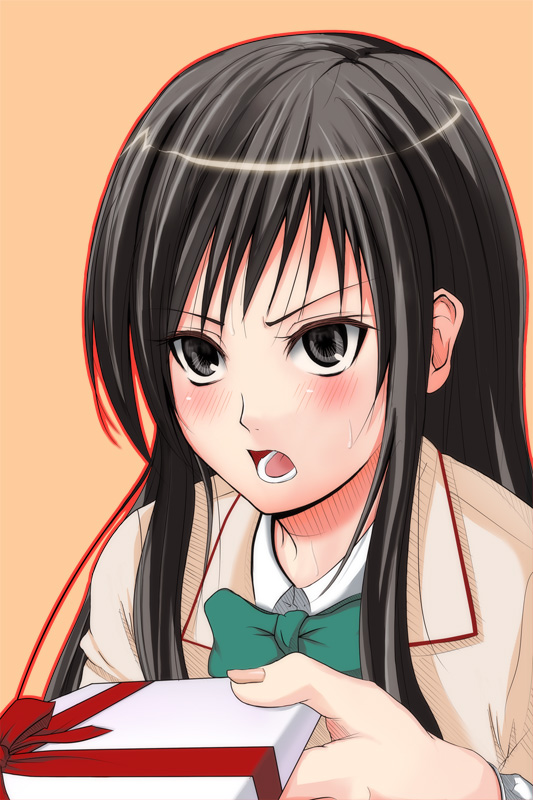 fujioka toki, kotegawa yui, to love-ru, 00s, 1girl, black hair, blush, box, female focus, gift, grey eyes, holding, holding gift, solo, sweatdrop