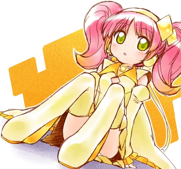kemkem, peach pit, amulet dia, hinamori amu, shugo chara!, 1girl, detached sleeves, female focus, green eyes, hair ornament, magical girl, microphone, miniskirt, pink hair, short twintails, sitting, skirt, smile, solo, thighhighs, twintails