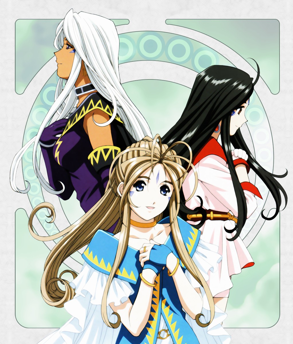 belldandy, skuld (aa megami-sama), urd (aa megami-sama), aa megami-sama, non-web source, 1990s (style), 3girls, art nouveau, black hair, blue eyes, bracelet, brown eyes, brown hair, earrings, elbow gloves, facial mark, forehead mark, gloves, jewelry, long hair, multiple girls, purple eyes, retro artstyle, ring, white hair