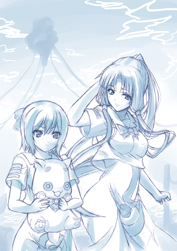 aino ai, aria pokoteng, mizunashi akari, aria (manga), 00s, 2girls, aged up, blouse, blue theme, bow, cat, hair bow, monochrome, multiple girls, ponytail, shirt, sidelocks, white shirt