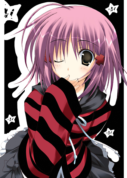 korie riko, hinamori amu, shugo chara!, striped, 1girl, ;o, ahoge, black skirt, blush, cowboy shot, cross hair ornament, female focus, finger to mouth, hair ornament, hood, hood down, hooded sweater, long sleeves, looking at viewer, one eye closed, parted lips, pink hair, skirt, solo, sweater, upper body, yellow eyes