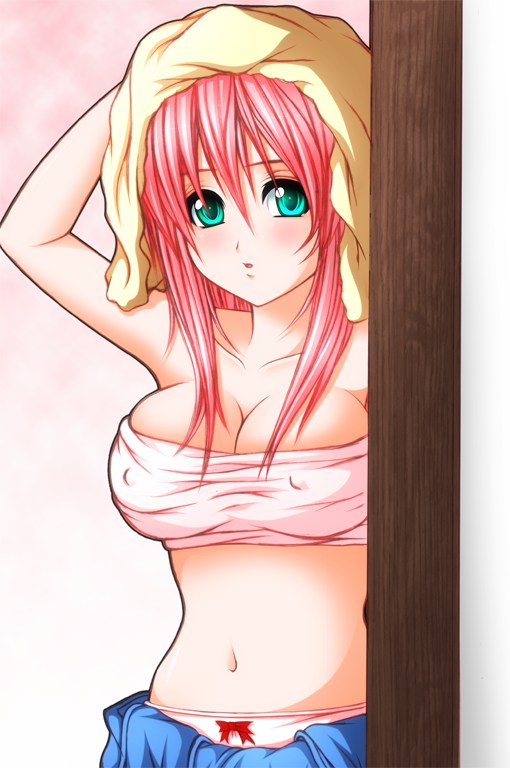 bad id, bad pixiv id, 1girl, aqua eyes, bandeau bikini, blush, breasts, covered erect nipples, female focus, panties, pink hair, solo, towel, towel on head, underwear